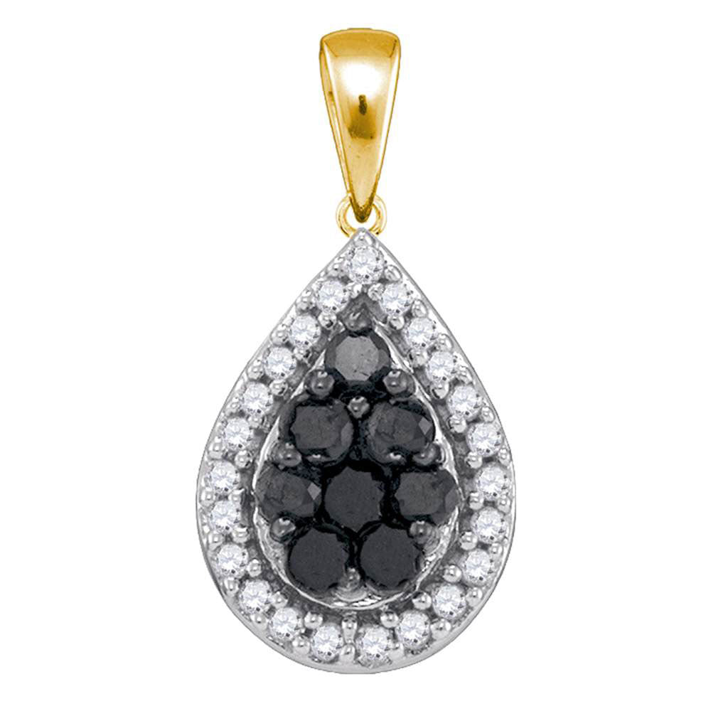 10kt Yellow Gold Womens Round Black Color Enhanced Diamond Teardrop Cluster Pendant 3/8 Cttw