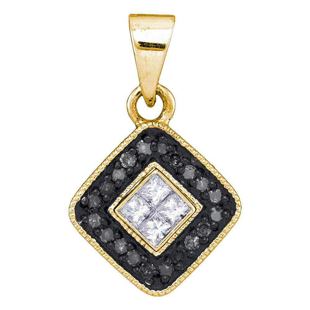 10kt Yellow Gold Womens Round Black Color Enhanced Diamond Diagonal Square Pendant 1/5 Cttw