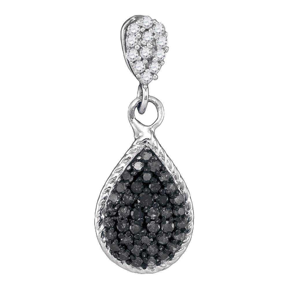 10kt White Gold Womens Round Black Color Enhanced Diamond Teardrop Cluster Pendant 1/4 Cttw