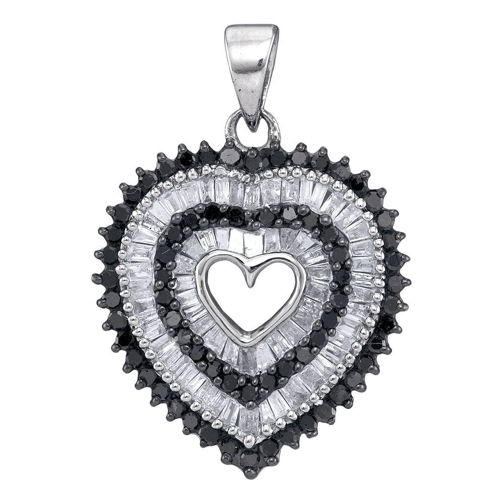 10kt White Gold Womens Round Black Color Enhanced Diamond Framed Heart Pendant 7/8 Cttw