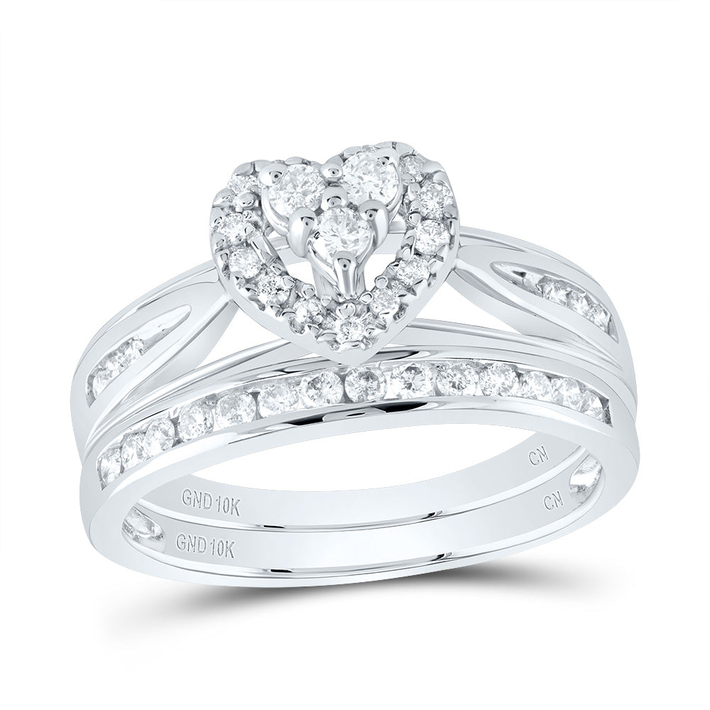 10kt White Gold Womens Round Diamond Heart Bridal Wedding Engagement Ring Band Set 1/2 Cttw