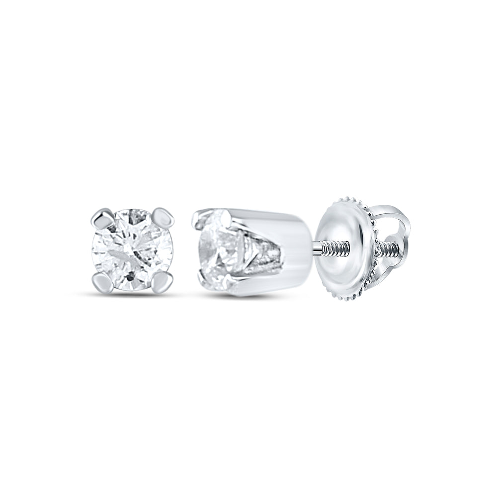 14kt White Gold Girls Infant Round Diamond Solitaire Stud Earrings 1/12 Cttw