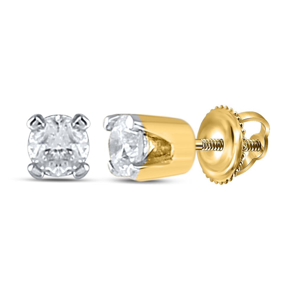 14kt Yellow Gold Unisex Round Diamond Solitaire Stud Earrings 1/20 Cttw