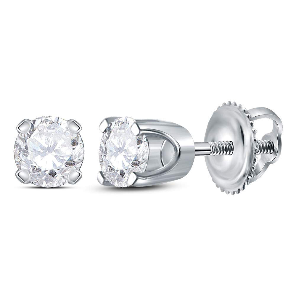 14kt White Gold Unisex Round Diamond Solitaire Stud Earrings 3/8 Cttw