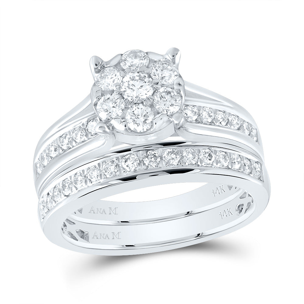 14kt White Gold Womens Round Diamond Flower Cluster Bridal Wedding Engagement Ring Band Set 1.00 Cttw