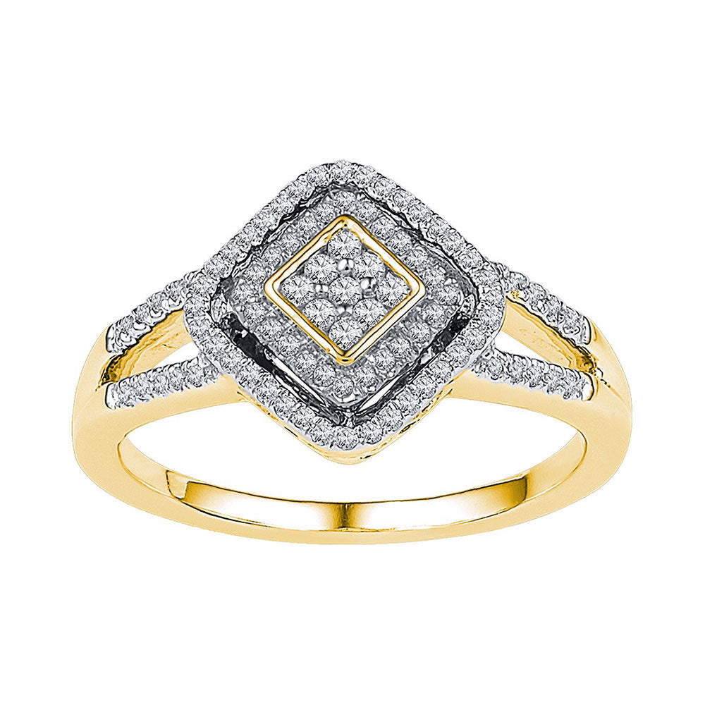 10kt Two-tone Gold Womens Round Diamond Diagonal Square Cluster Ring 1/3 Cttw