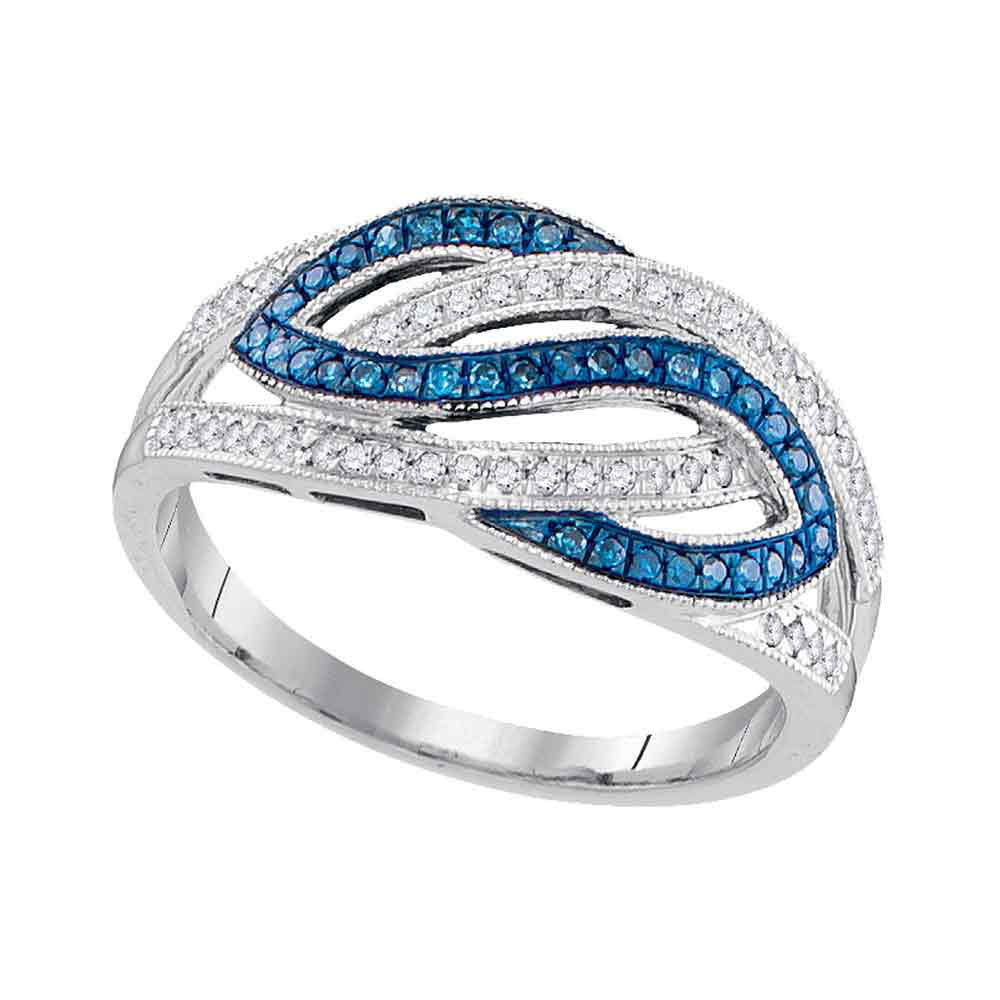 10kt White Gold Womens Round Blue Color Enhanced Diamond Woven Crossover Ring 1/4 Cttw