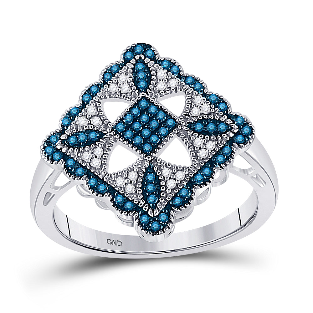 10kt White Gold Womens Round Blue Color Enhanced Diamond Square Cluster Ring 1/4 Cttw