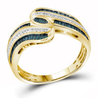 Load image into Gallery viewer, 10kt Yellow Gold Womens Baguette Blue Color Enhanced Diamond Fashion Ring 5/8 Cttw
