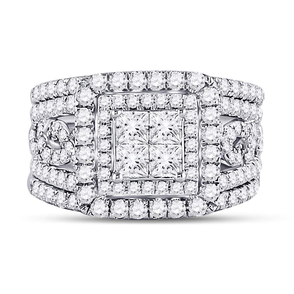 14kt White Gold Womens Princess Diamond Bridal Wedding Engagement Ring Band Set 2-1/2 Cttw