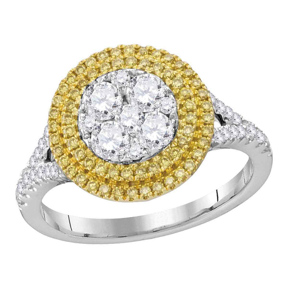 18kt White Gold Womens Round Yellow Diamond Cluster Bridal Wedding Engagement Ring 1.00 Cttw