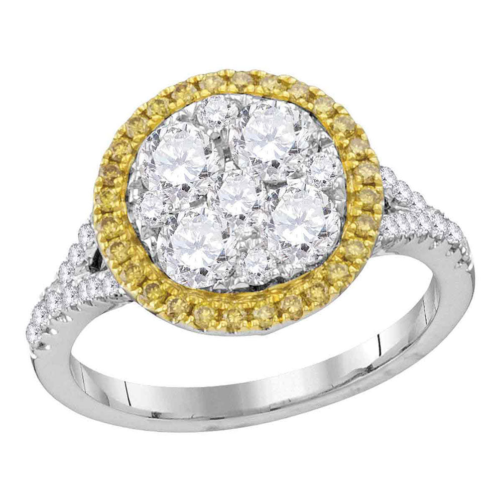 18kt White Gold Womens Round Yellow Diamond Cluster Bridal Wedding Engagement Ring 1-5/8 Cttw