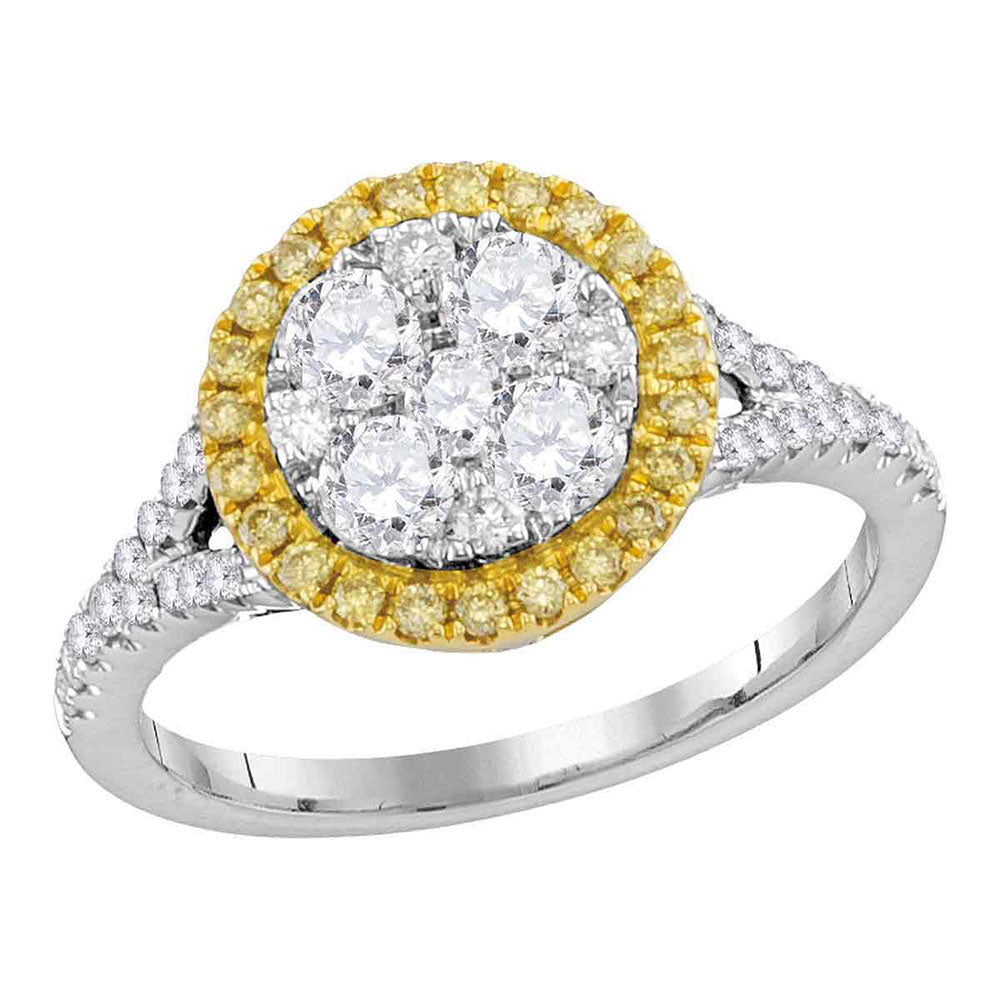 18kt White Gold Womens Round Yellow Diamond Cluster Bridal Wedding Engagement Ring 1.00 Cttw