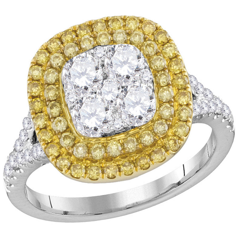 18kt White Gold Womens Round Yellow Diamond Cluster Bridal Wedding Engagement Ring 1-1/2 Cttw