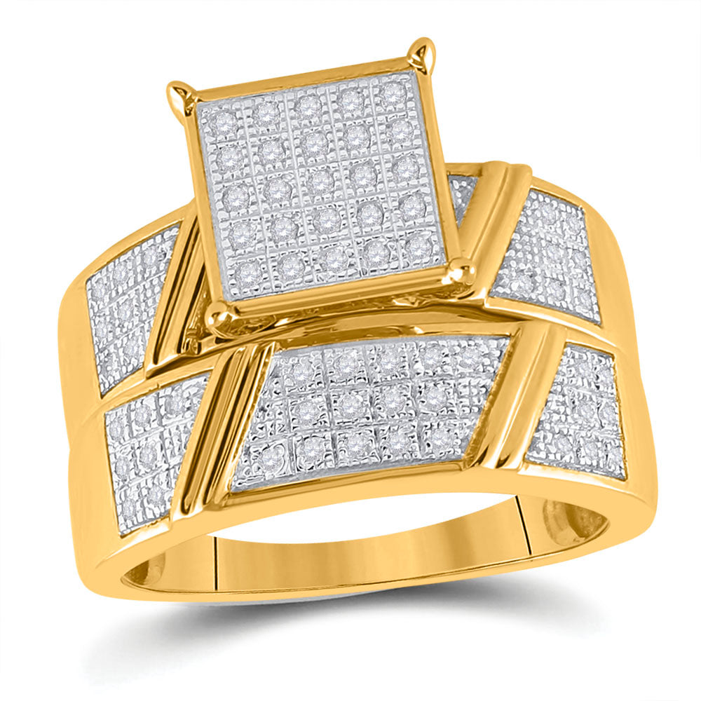10kt Yellow Gold His & Hers Round Diamond Cluster Matching Bridal Wedding Ring Band Set 1/3 Cttw