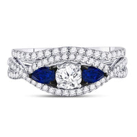 Load image into Gallery viewer, 14kt White Gold Womens Round Diamond Blue Sapphire Bridal Wedding Ring Set 1-3/8 Cttw
