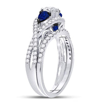 Load image into Gallery viewer, 14kt White Gold Womens Round Diamond Blue Sapphire Bridal Wedding Ring Set 1-3/8 Cttw

