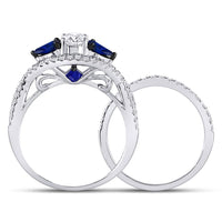 Load image into Gallery viewer, 14kt White Gold Womens Round Diamond Blue Sapphire Bridal Wedding Ring Set 1-3/8 Cttw
