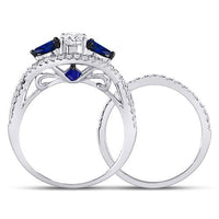 Load image into Gallery viewer, 14kt White Gold Womens Round Diamond Blue Sapphire Bridal Wedding Ring Set 1-3/8 Cttw
