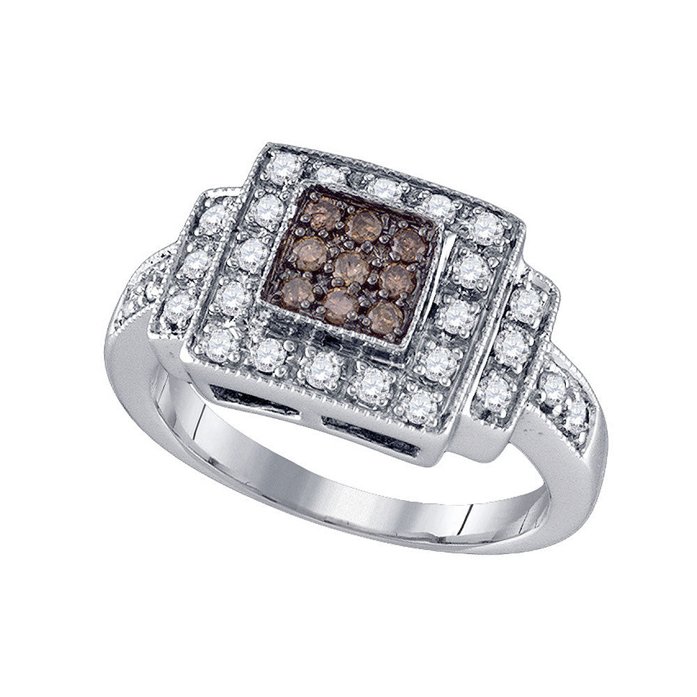 10K White Gold Womens Brown Diamond Square Cluster Ring 1/2 Cttw