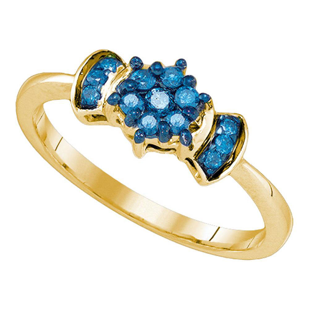 10K Yellow Gold Womens Blue Color Enhanced Round Diamond Flower Cluster Ring 1/4 Cttw