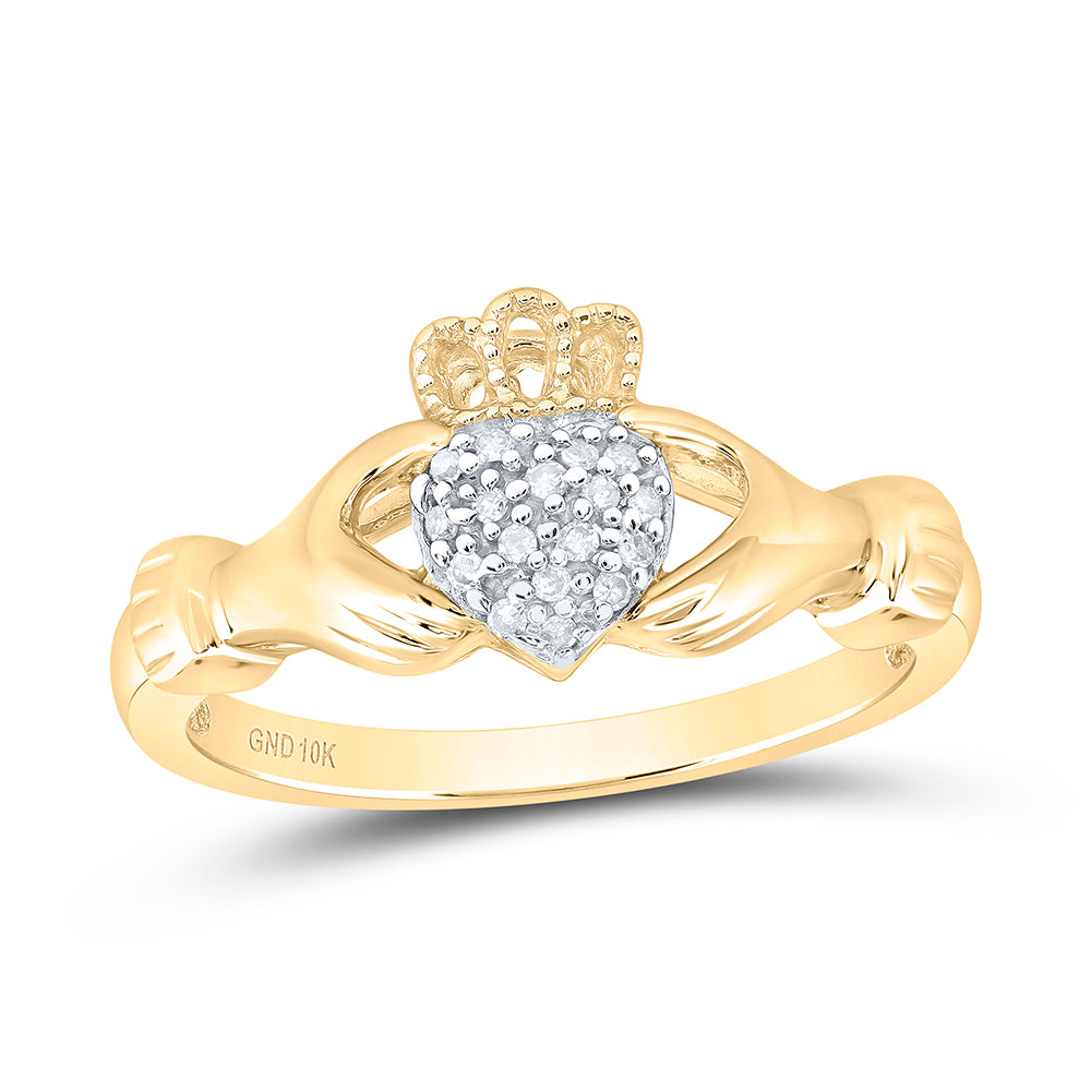 10kt Yellow Gold Womens Round Diamond Claddagh Hands & Heart Cluster Ring 1/20 Cttw