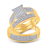 Load image into Gallery viewer, 10kt Yellow Gold His &amp; Hers Round Diamond Square Cluster Matching Bridal Wedding Ring Band Set 5/8 Cttw
