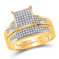 Load image into Gallery viewer, 10kt Yellow Gold His Hers Round Diamond Cluster Matching Bridal Wedding Ring Band Set 1/2 Cttw
