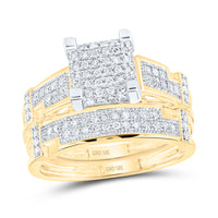 Load image into Gallery viewer, 10kt Yellow Gold His &amp; Hers Round Diamond Square Cluster Matching Bridal Wedding Ring Band Set 1/2 Cttw
