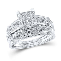 Load image into Gallery viewer, 10kt White Gold His Hers Round Diamond Cluster Matching Bridal Wedding Ring Band Set 1/2 Cttw
