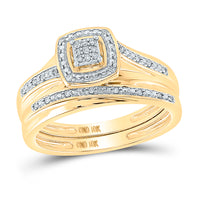 Load image into Gallery viewer, 10kt Yellow Gold His &amp; Hers Round Diamond Square Cluster Matching Bridal Wedding Ring Band Set 1/12 Cttw
