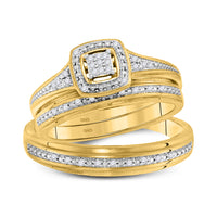 Load image into Gallery viewer, 10kt Yellow Gold His &amp; Hers Round Diamond Cluster Matching Bridal Wedding Ring Band Set 1/10 Cttw
