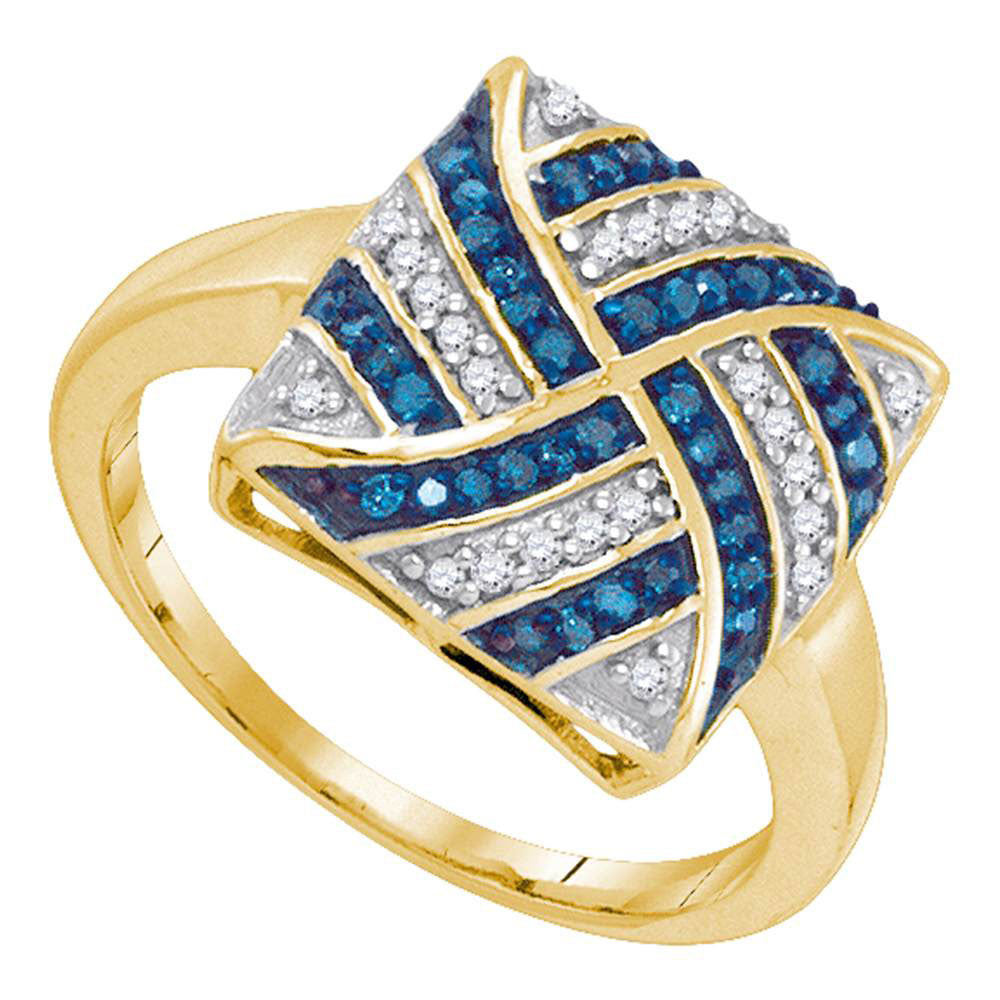 10kt Yellow Gold Womens Round Blue Color Enhanced Diamond Square Pinwheel Cluster Ring 1/4 Cttw