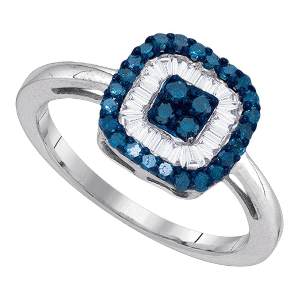 10kt White Gold Womens Round Blue Color Enhanced Diamond Concentric Square Cluster Ring 3/8 Cttw