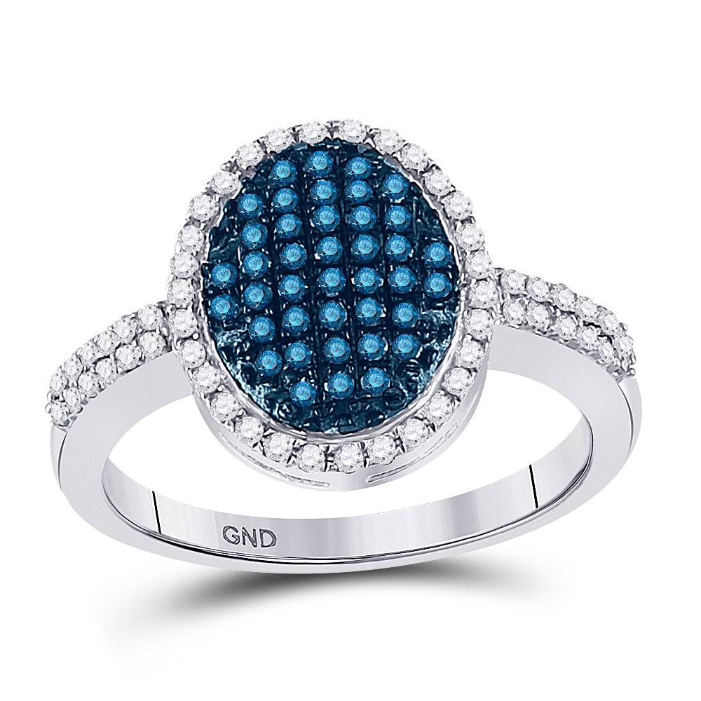 10kt White Gold Womens Round Blue Color Enhanced Diamond Oval Ring 1/2 Cttw