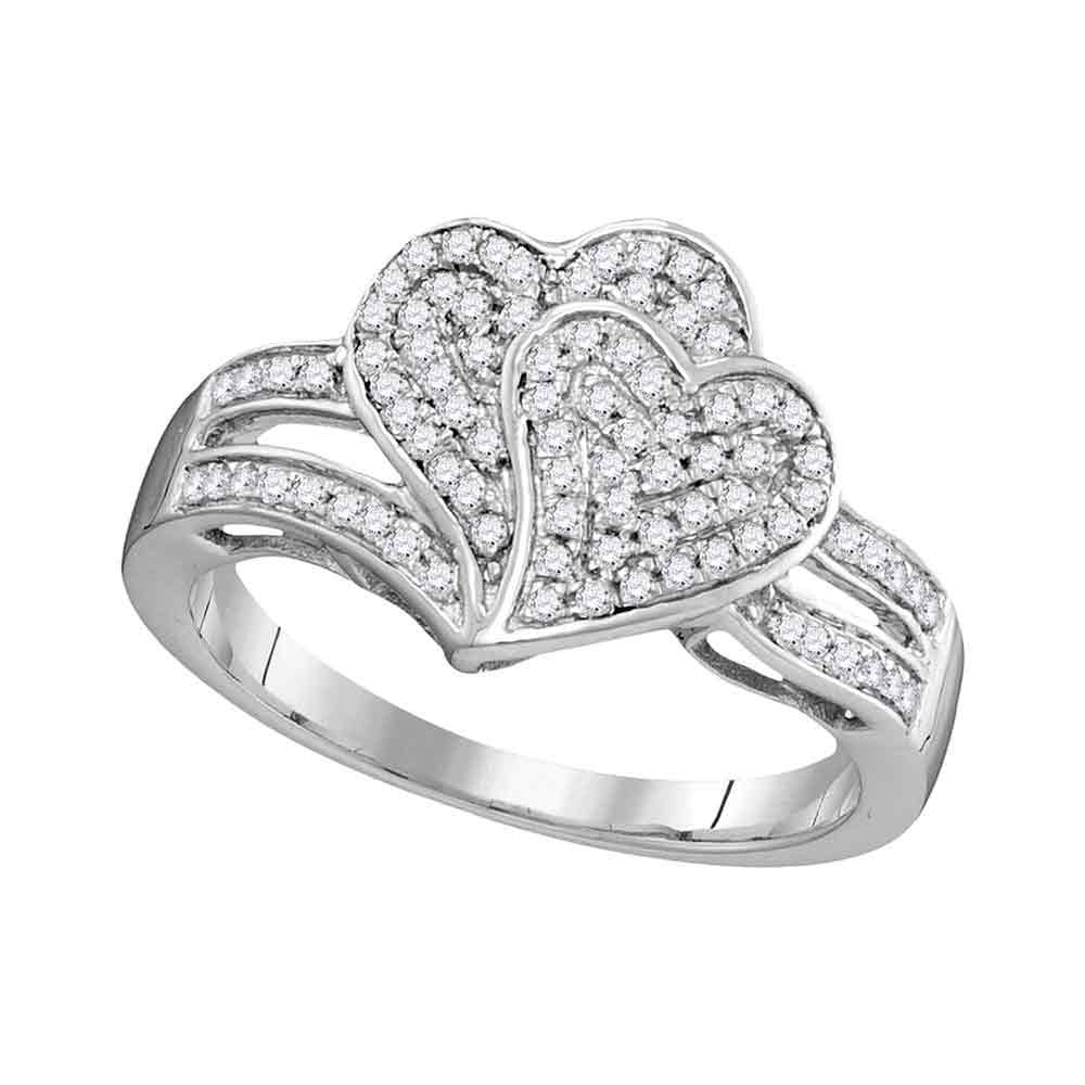 10kt White Gold Womens Round Diamond Double Heart Cluster Ring 1/3 Cttw