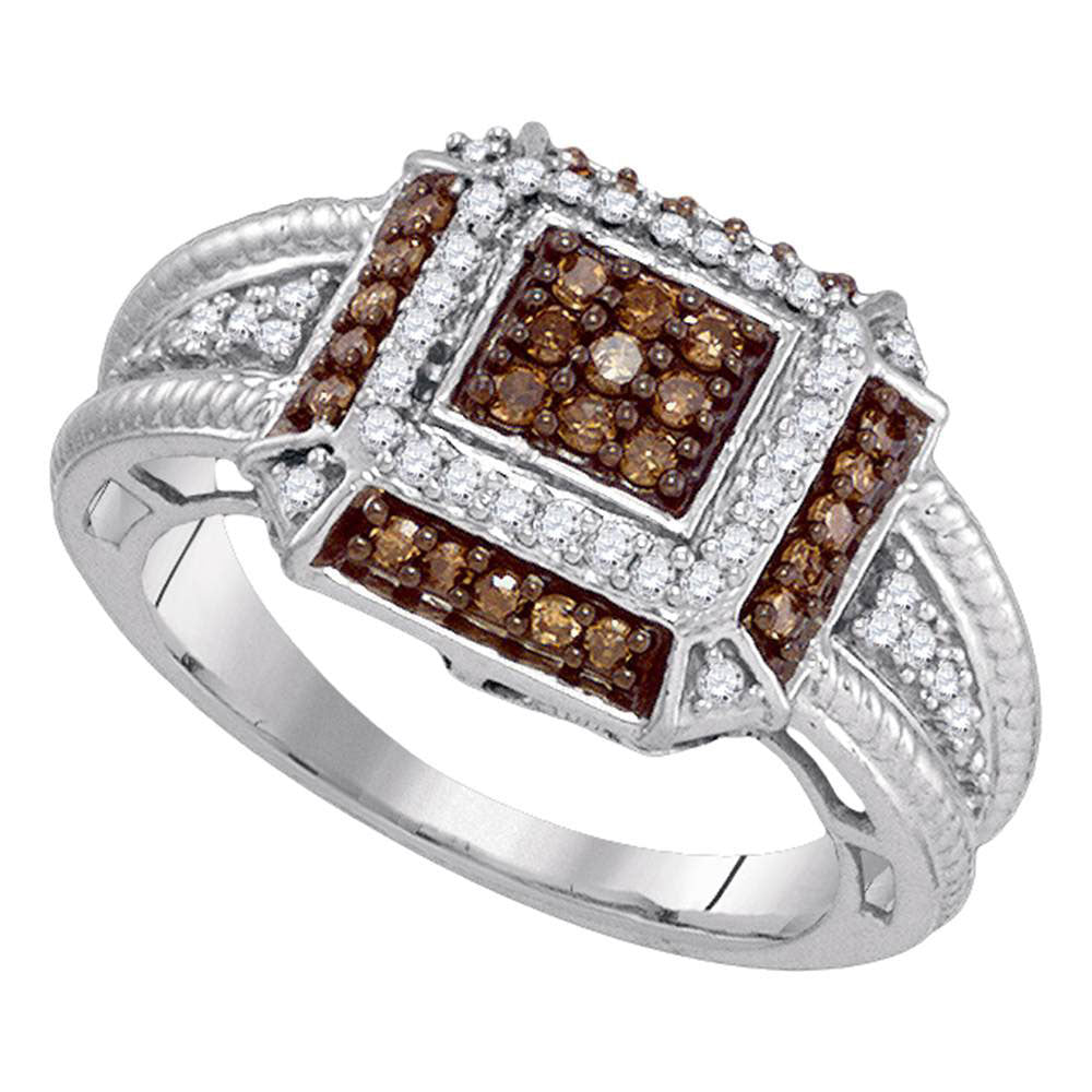 10kt White Gold Womens Round Brown Diamond Square Frame Cluster Roped Ring 1/2 Cttw