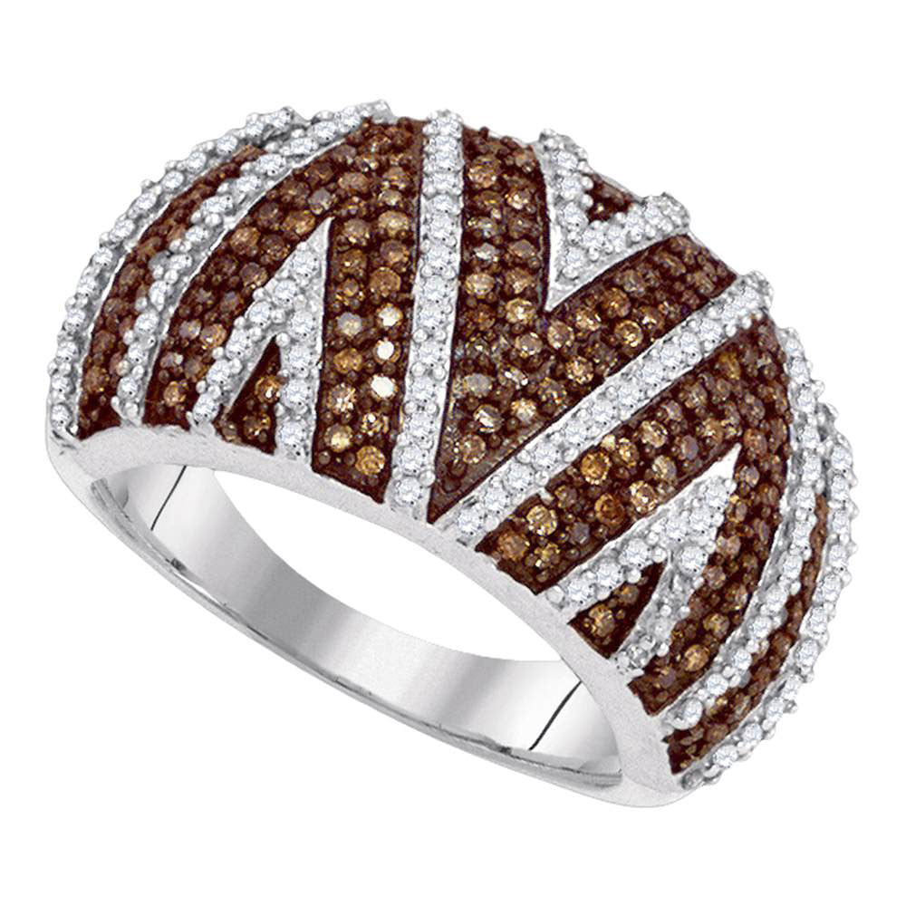 10kt White Gold Womens Round Brown Diamond Striped Band Ring 7/8 Cttw