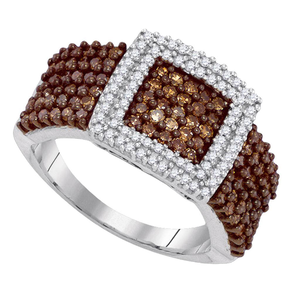 10kt White Gold Womens Round Brown Diamond Square Cluster Ring 1.00 Cttw