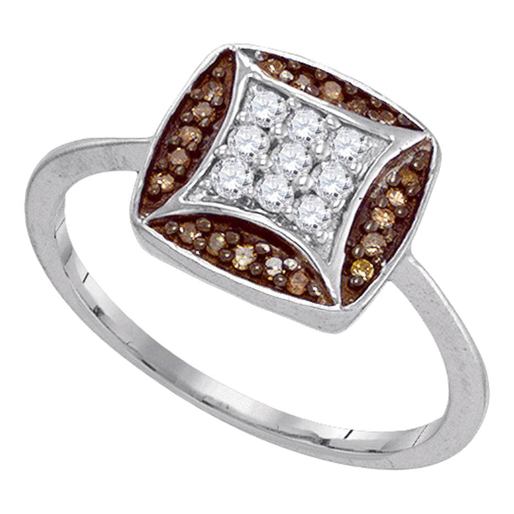 10kt White Gold Womens Round Brown Diamond Kite Square Cluster Ring 1/4 Cttw