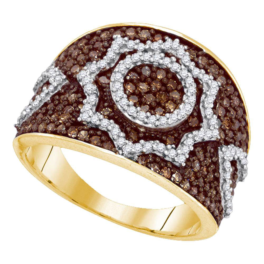 10kt Yellow Gold Womens Round Brown Diamond Starburst Fashion Ring 1.00 Cttw