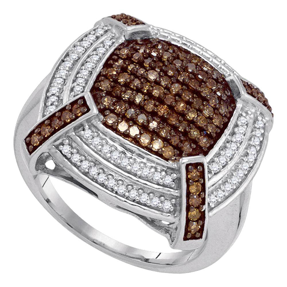 10kt White Gold Womens Round Brown Diamond Square Cluster Ring 3/4 Cttw