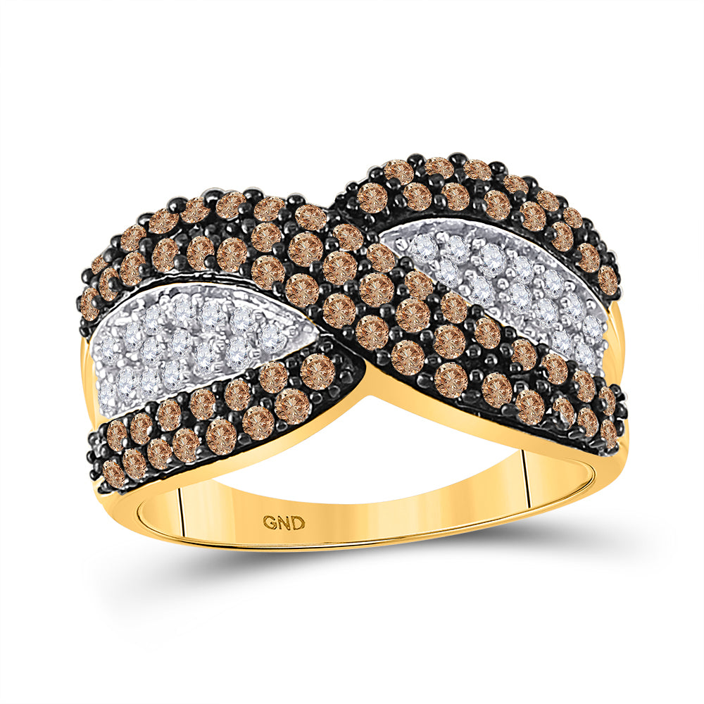10kt Yellow Gold Womens Round Brown Diamond Crossover Stripe Band Ring 1.00 Cttw