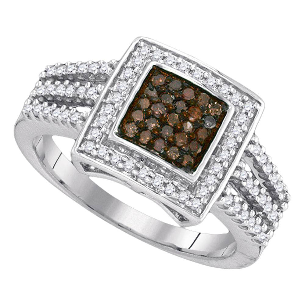 10kt White Gold Womens Round Brown Diamond Square Cluster Ring 1/2 Cttw