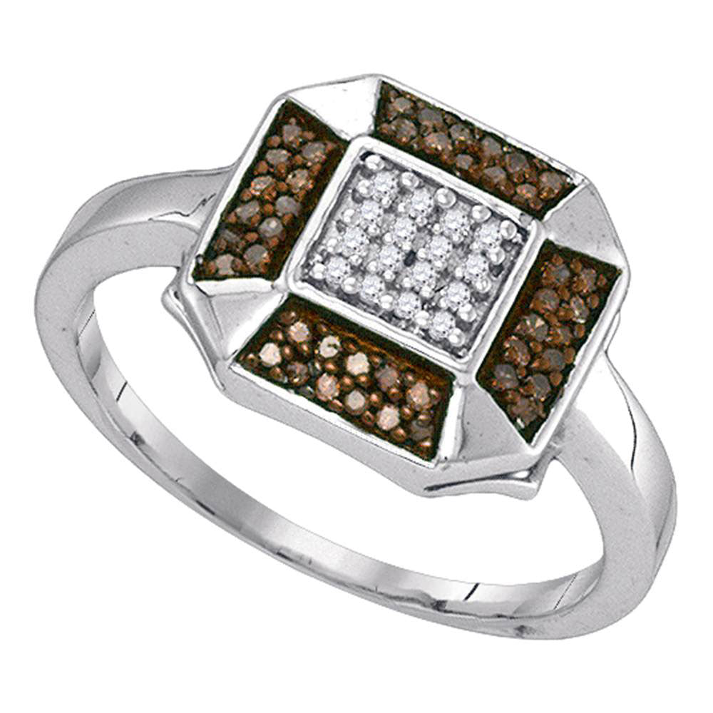 10kt White Gold Womens Round Brown Diamond Square Cluster Ring 1/5 Cttw