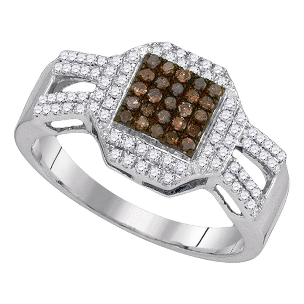 10kt White Gold Womens Round Brown Diamond Square Cluster Ring 3/8 Cttw