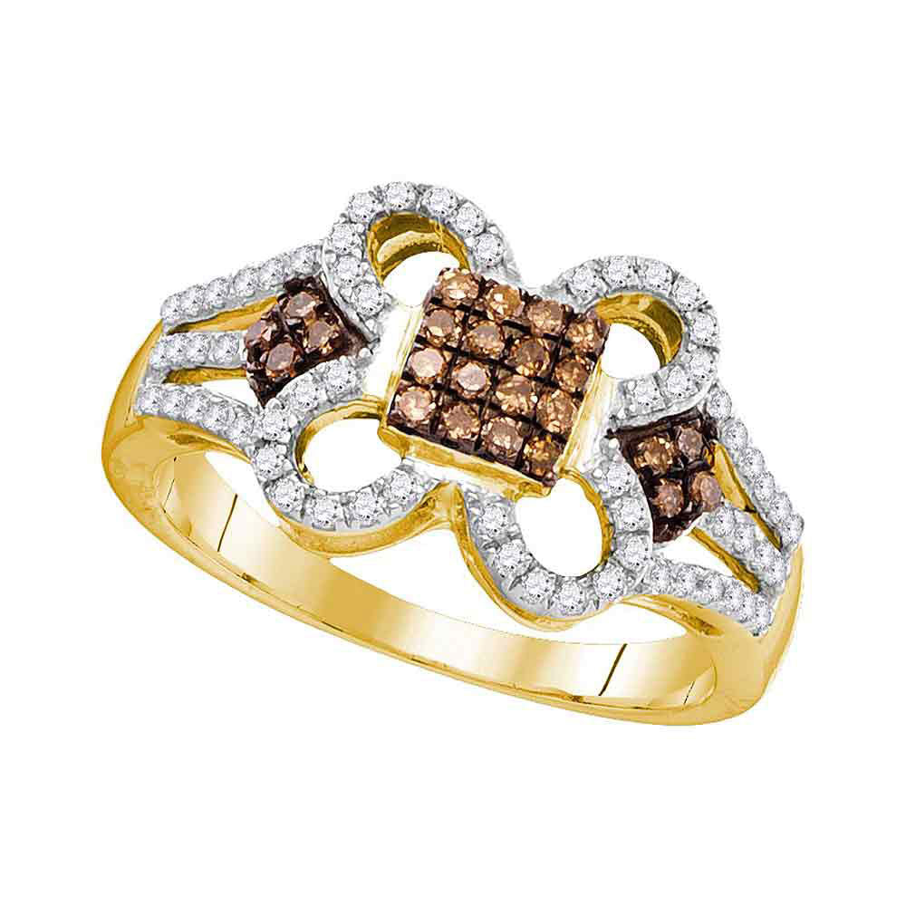 10kt Yellow Gold Womens Round Brown Diamond Quatrefoil Square Cluster Ring 1/2 Cttw