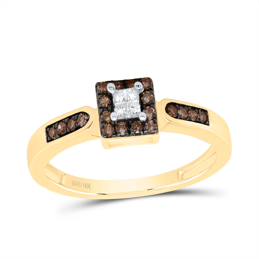 10kt Yellow Gold Womens Round Brown Diamond Square Cluster Ring 1/4 Cttw