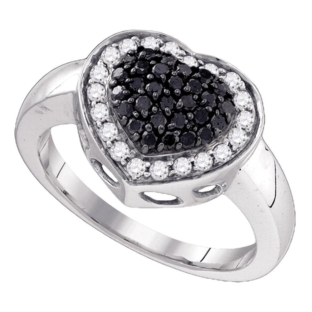 10kt White Gold Womens Round Black Color Enhanced Diamond Heart Cluster Ring 1/2 Cttw