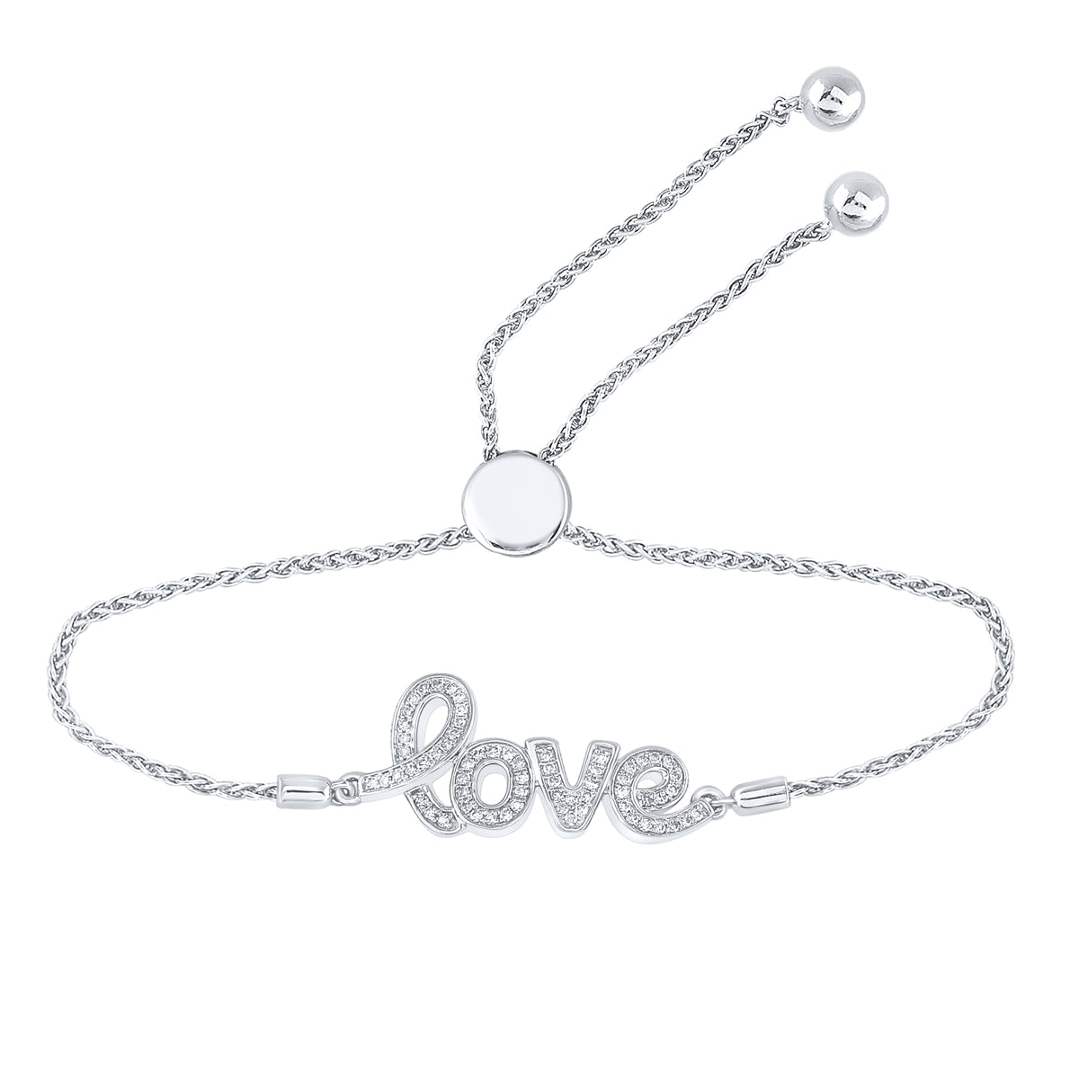 Sterling Silver Womens Round Diamond Love Word Bolo Adjustable Bracelet  Cttw